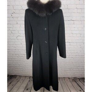 VTG Steve By Searle Black Italian Wool Fox Fur Trim Hooded Coat USA Made Size 6